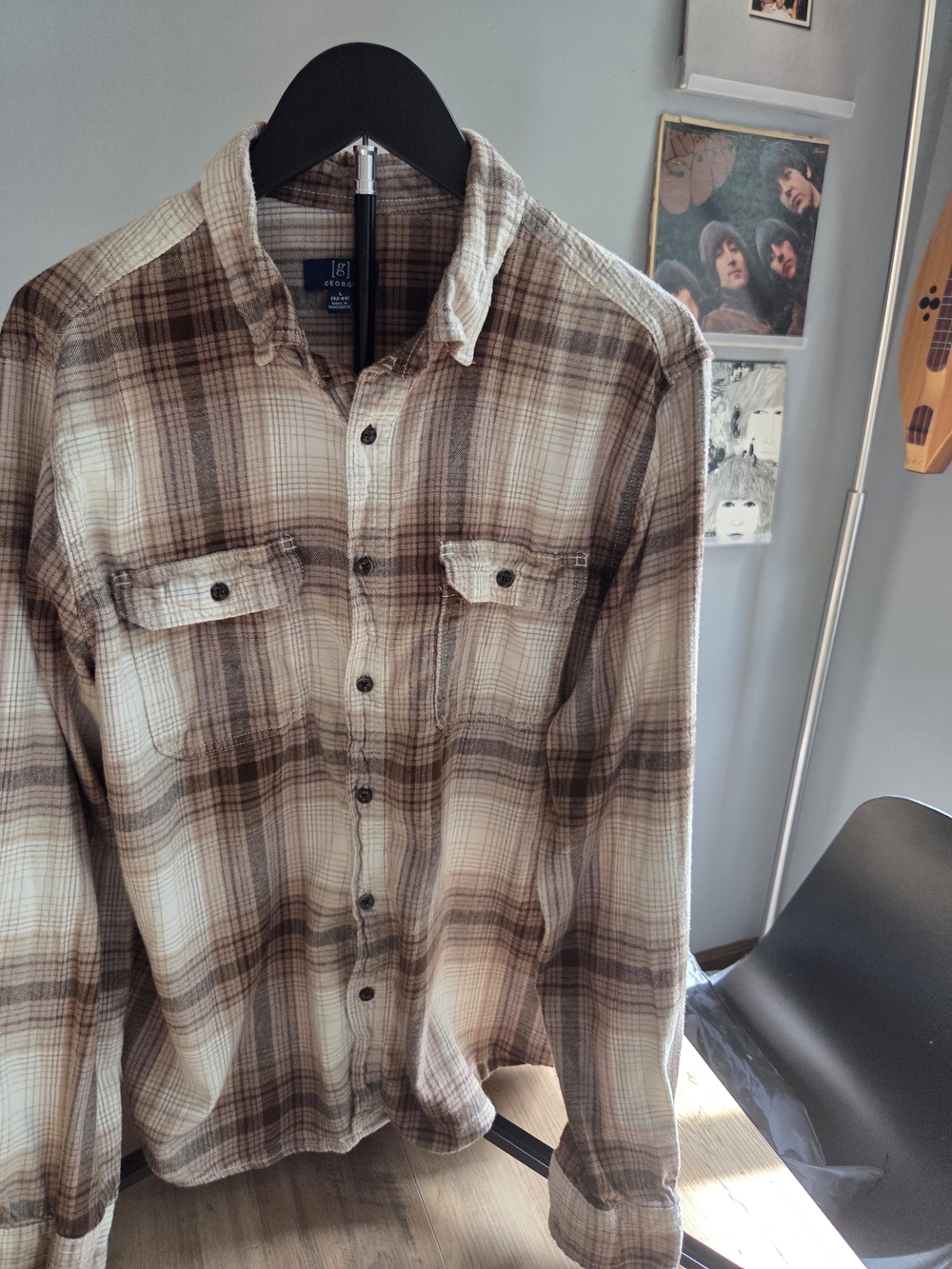 George Brown and Cream Plaid Button-Down Flannel Shirt